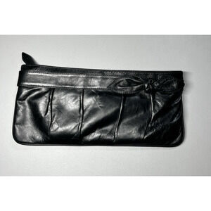 Kooba Black Leather Clutch Womens Evening Purse Handbag Zip Top Pleated with Bow